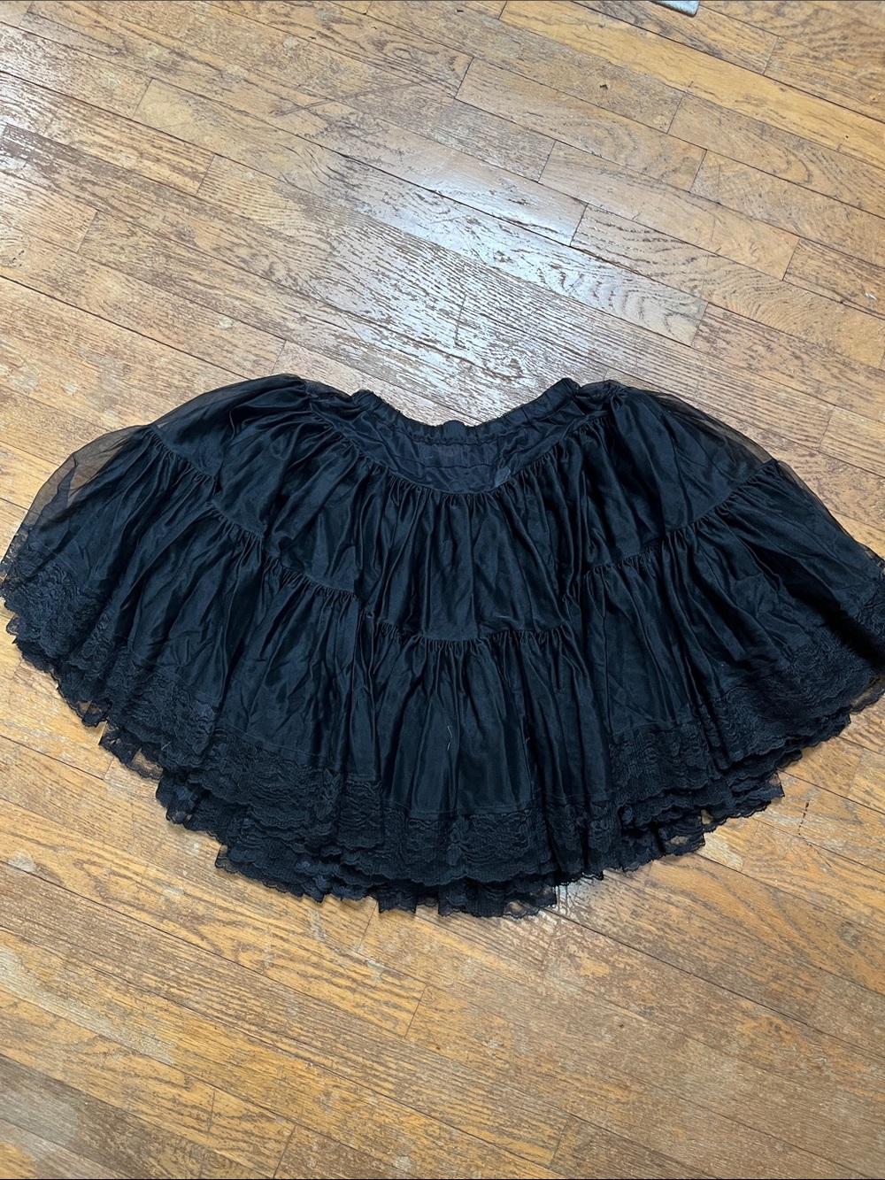 Vintage Black Sheer Tulle Lace Skirt Crinoline Fluffy Slip Elastic Waist